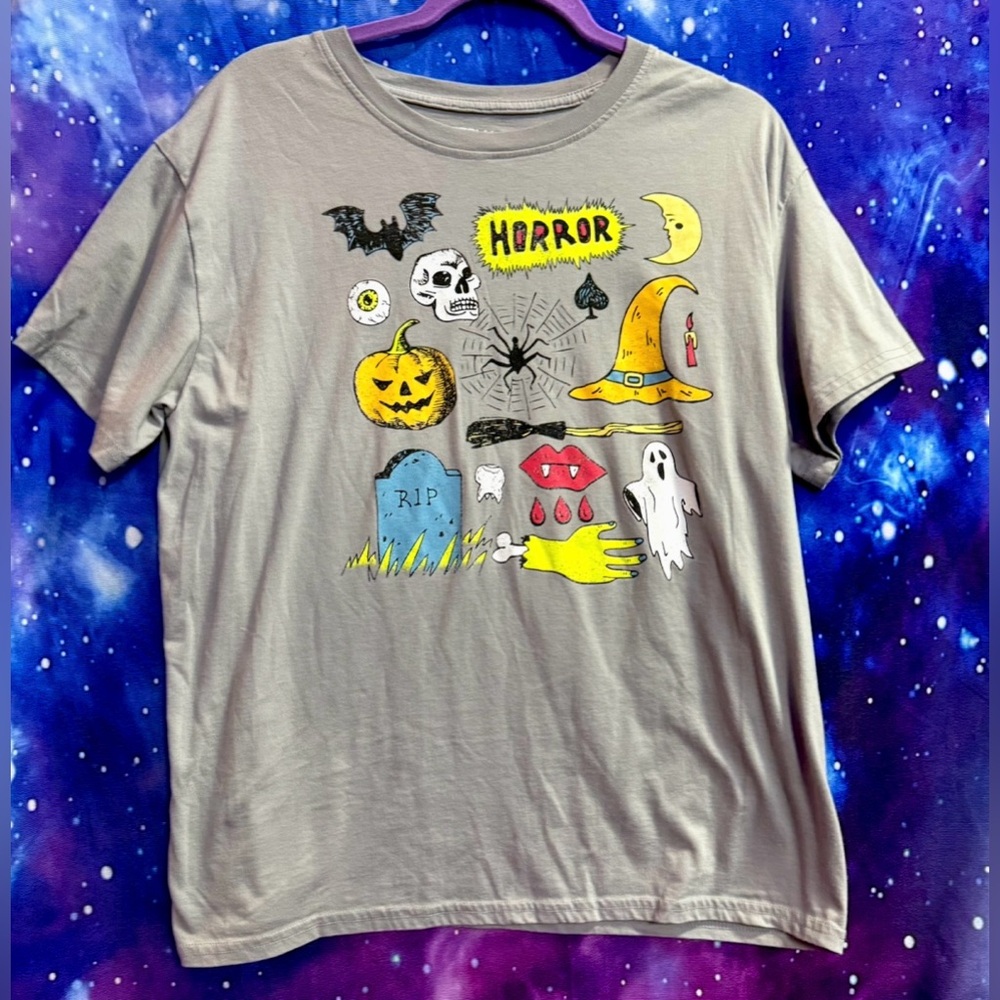 Horror Halloween Bat Spider Moon Tooth Hand Eye Graphic T-shirt Size XXL